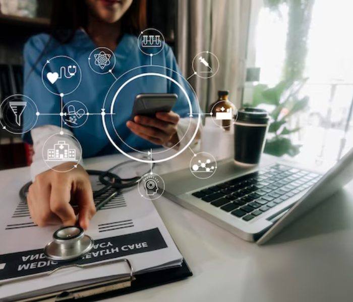 lady using software on phone and holding Stethoscope